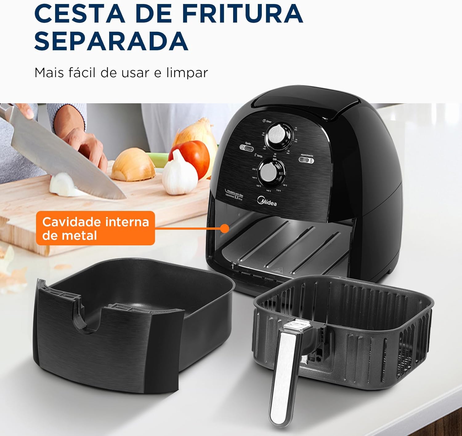 Fritadeira Airfryer Sem Óleo 5,3L, 1700W Preto FRB50P, Midea