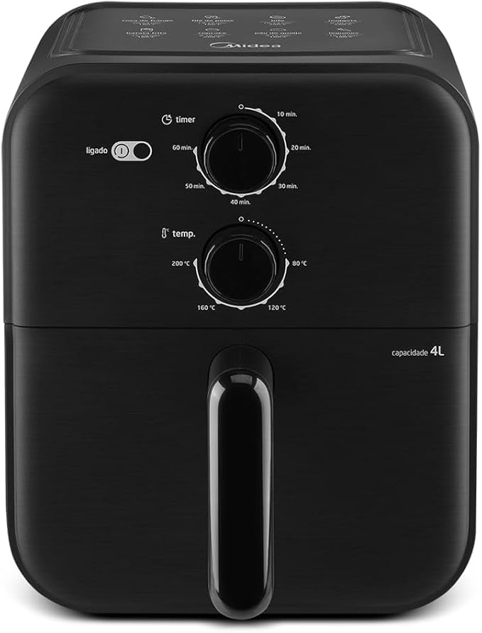 Fritadeira Sem Óleo Capacidade de 4L, Midea, 1400 W, Aquece Em 10-60 min 80℃ a 200 ℃, Air Fryer Com Fluxo de Ar de 360°, Fritadeira Eletrica, Design Compacto, Preto, MAF400P0APK