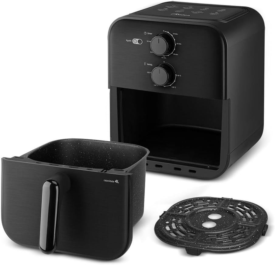 Fritadeira Sem Óleo Capacidade de 4L, Midea, 1400 W, Aquece Em 10-60 min 80℃ a 200 ℃, Air Fryer Com Fluxo de Ar de 360°, Fritadeira Eletrica, Design Compacto, Preto, MAF400P0APK