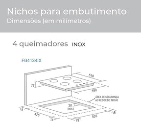 Suggar Cooktop a gás 4 bocas mesa em aço inox tripla chama lateral bivolt FG4134IX