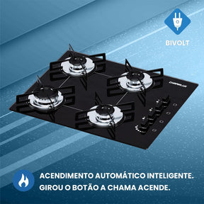 Cooktop 4 bocas Chamalux ultra chama Bivolt Trempe de Chapa Preto