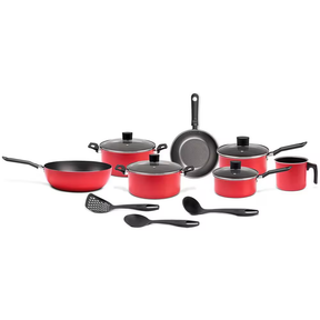 Conjunto de Panelas 10 Peças Brinox Onion em Alumínio e Revestimento Antiaderente com Wok e Utensílios - Vermelho