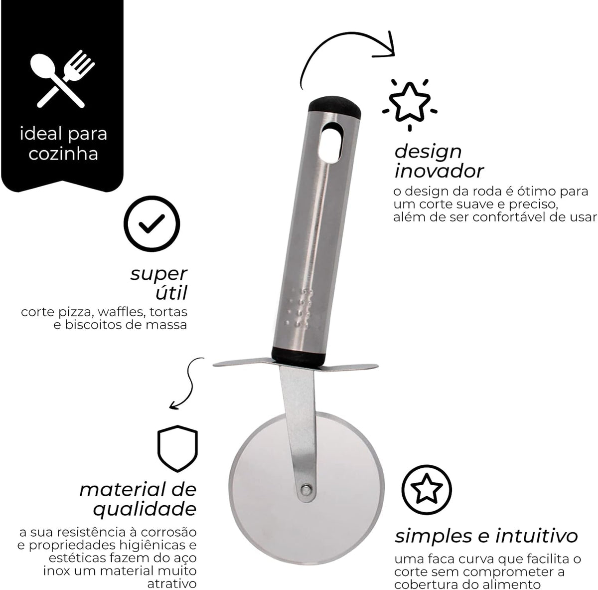 Mimo Style Cortador de Pizza, Útil Para Cortar Também tortas, Waffles e Biscoitos de Massa, Material em Aço Inox