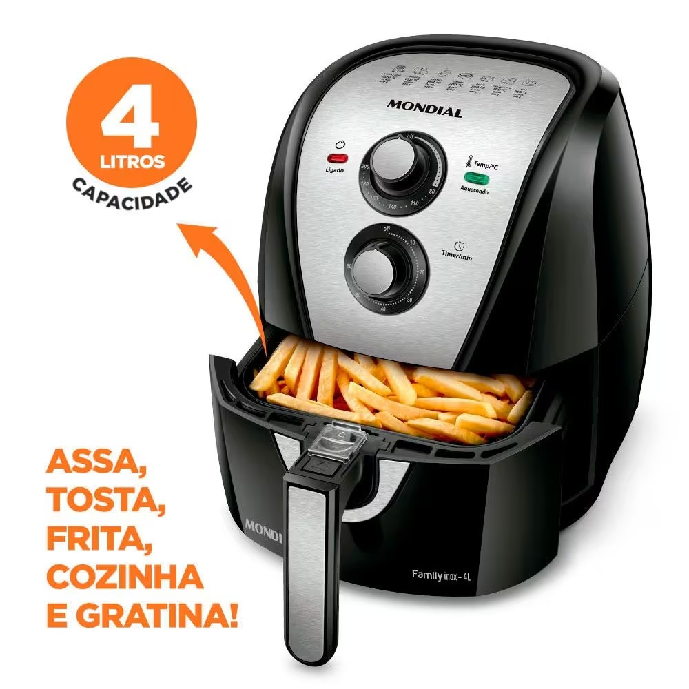 Fritadeira Elétrica Sem Óleo Air Fryer Mondial AFN40BI Family Inox 4L - Preta/Inox