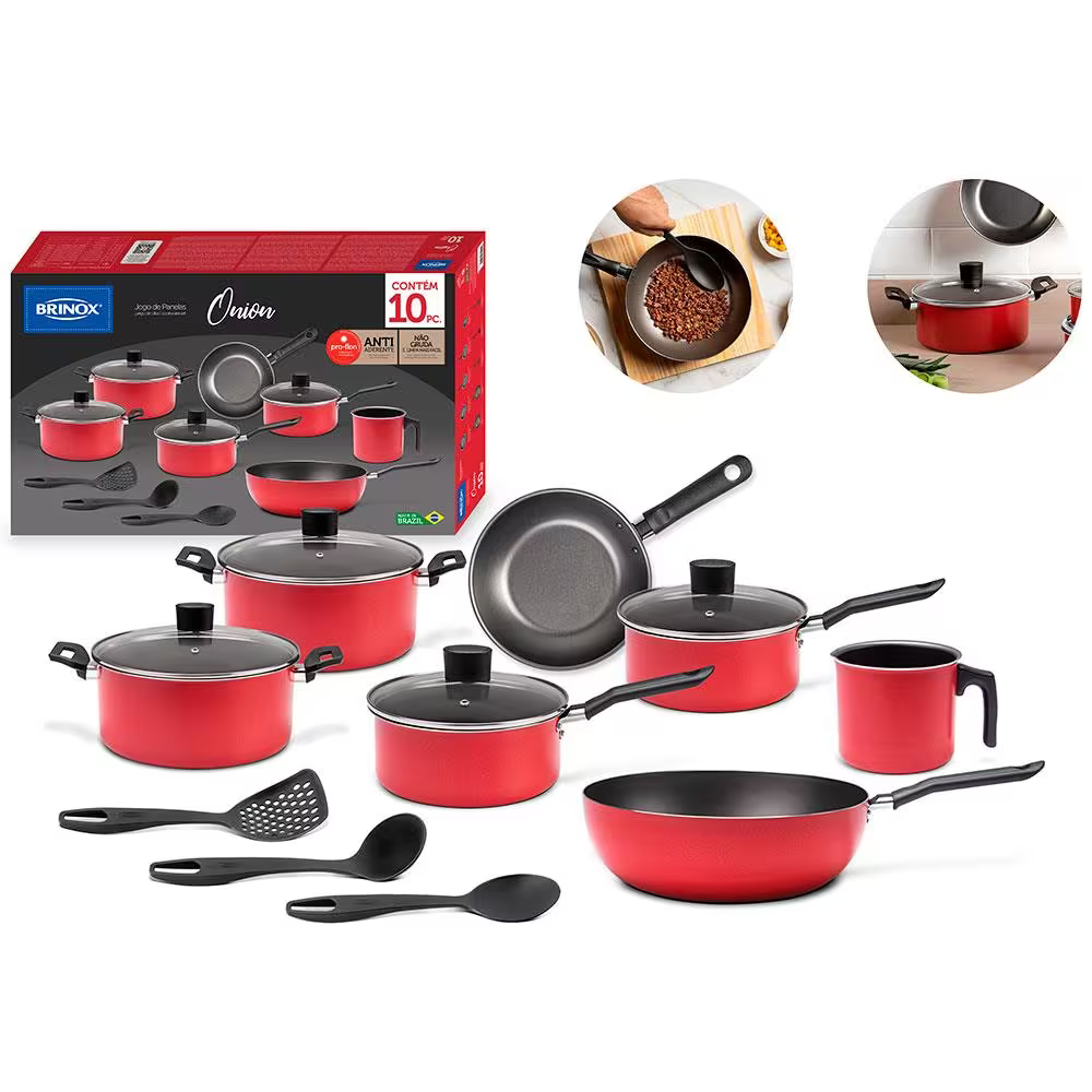 Conjunto de Panelas 10 Peças Brinox Onion em Alumínio e Revestimento Antiaderente com Wok e Utensílios - Vermelho