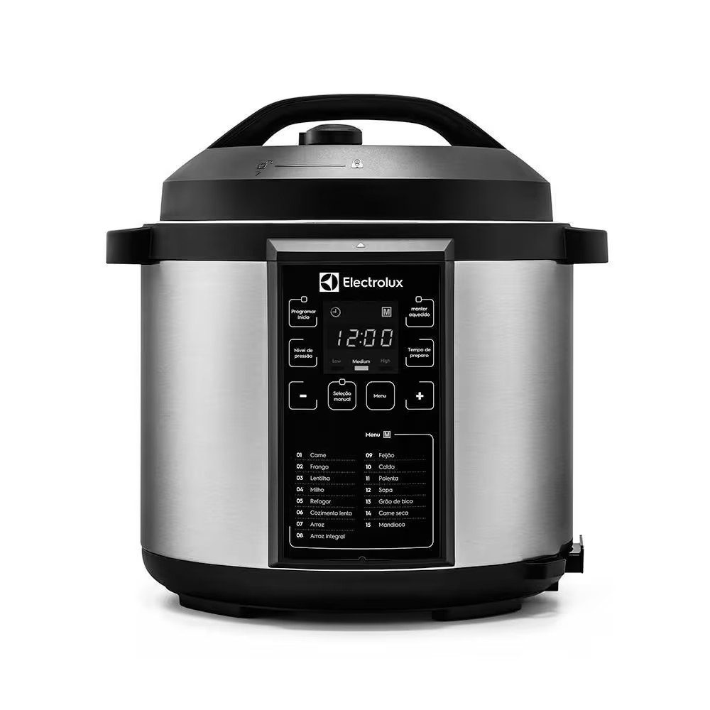 Panela pressão elétrica Electrolux digital capacidade 6L silenciosa segura 10 travas segurança 15 receitas pré-programadas 3 níveis pressão PCC20 inox preto 127v por Rita Lobo