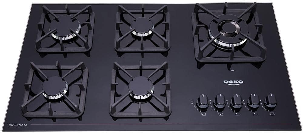 Cooktop a Gás 5 Bocas Preto com Mesa de Vidro e Tripla Chama Dako Diplomata Bivolt