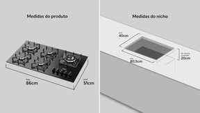 Cooktop a Gás 5 Bocas Preto com Mesa de Vidro e Tripla Chama Dako Diplomata Bivolt