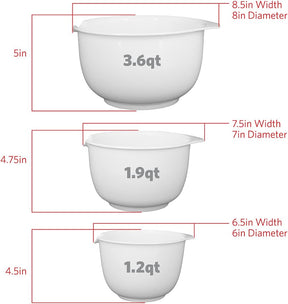 Tigelas Glad de mistura com bico de despejo, conjunto de 3 | Design de encaixe poupa espaço | Antiderrapante, livre de BPA, pode ir à lava-louças | Utensílios de cozinha e assar, branco