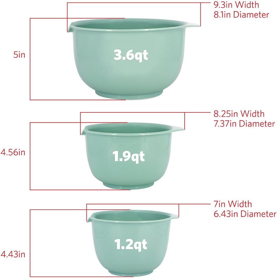 Tigelas Glad de mistura com bico de despejo, conjunto de 3 | Design de encaixe poupa espaço | Antiderrapante, livre de BPA, pode ir à lava-louças | Utensílios de cozinha e assar, Verde