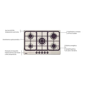 Cooktop a Gás Tramontina Penta FF 5GX Tri 75 em Aço Inox e Trempes em Ferro Fundido com Acendimento Superautomático 5 Queimadores