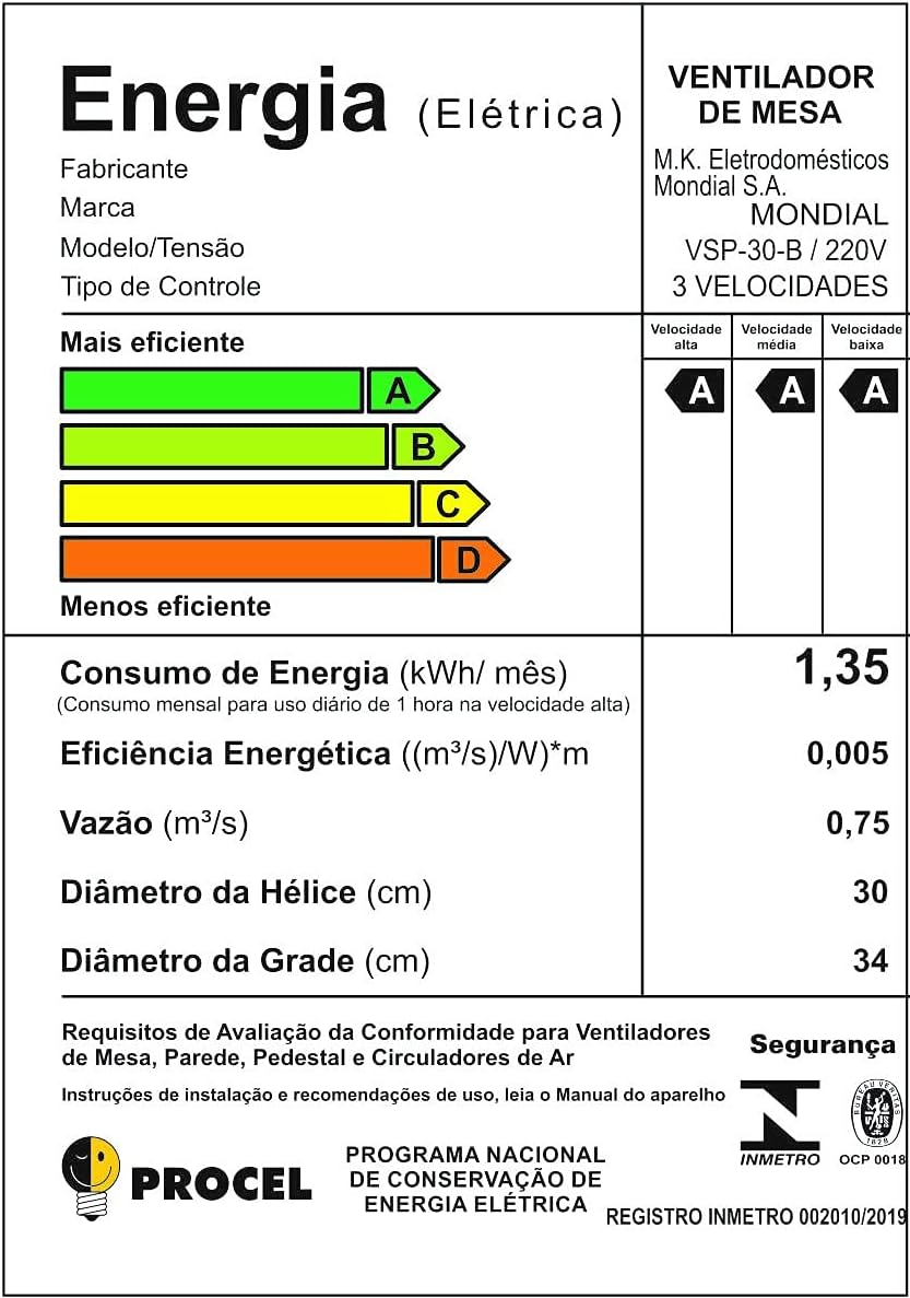 Ventilador de Mesa MONDIAL 110V, 30cm, 6 pás, Super Power - VSP-30-B