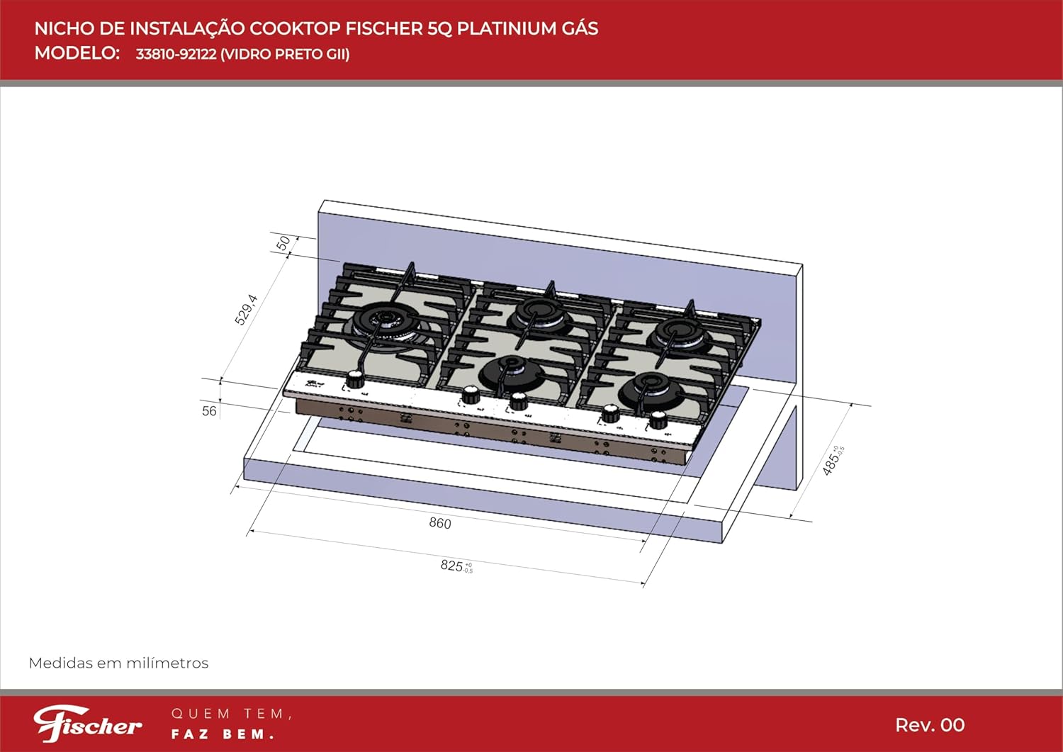 Cooktop à Gás Fischer 5 Bocas Platinium Mesa Vidro Preto 33810-92122