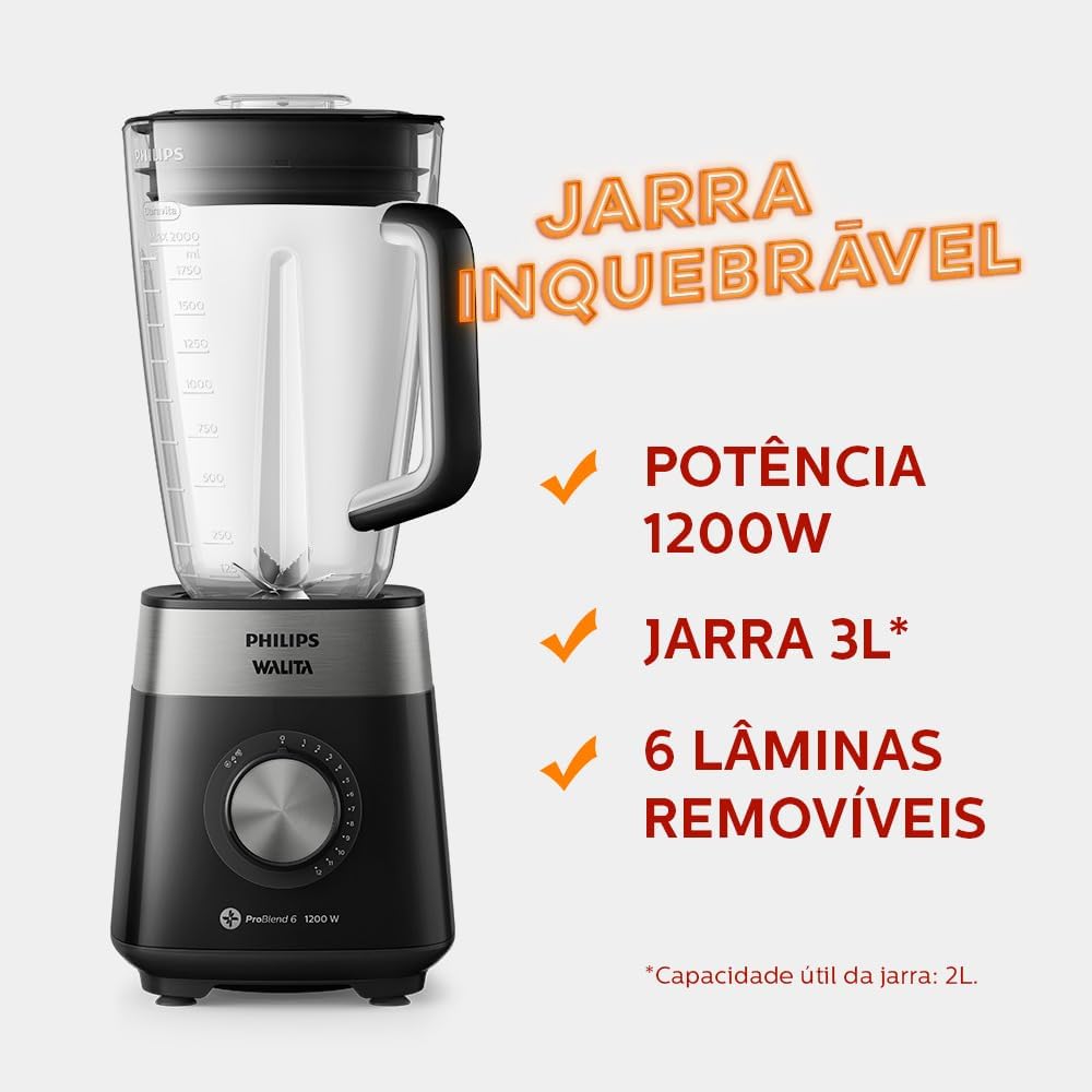 PHILIPS Liquidificador Série 5000, RI2242, Preto, Jarra Inquebrável, Walita