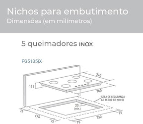 Suggar Cooktop a Gás 5 Bocas Mesa em Aço Inox Tripla Chama Central Bivolt FG5135IX