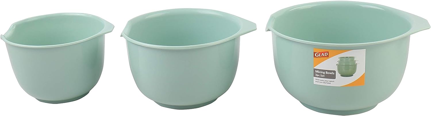 Tigelas Glad de mistura com bico de despejo, conjunto de 3 | Design de encaixe poupa espaço | Antiderrapante, livre de BPA, pode ir à lava-louças | Utensílios de cozinha e assar, Verde