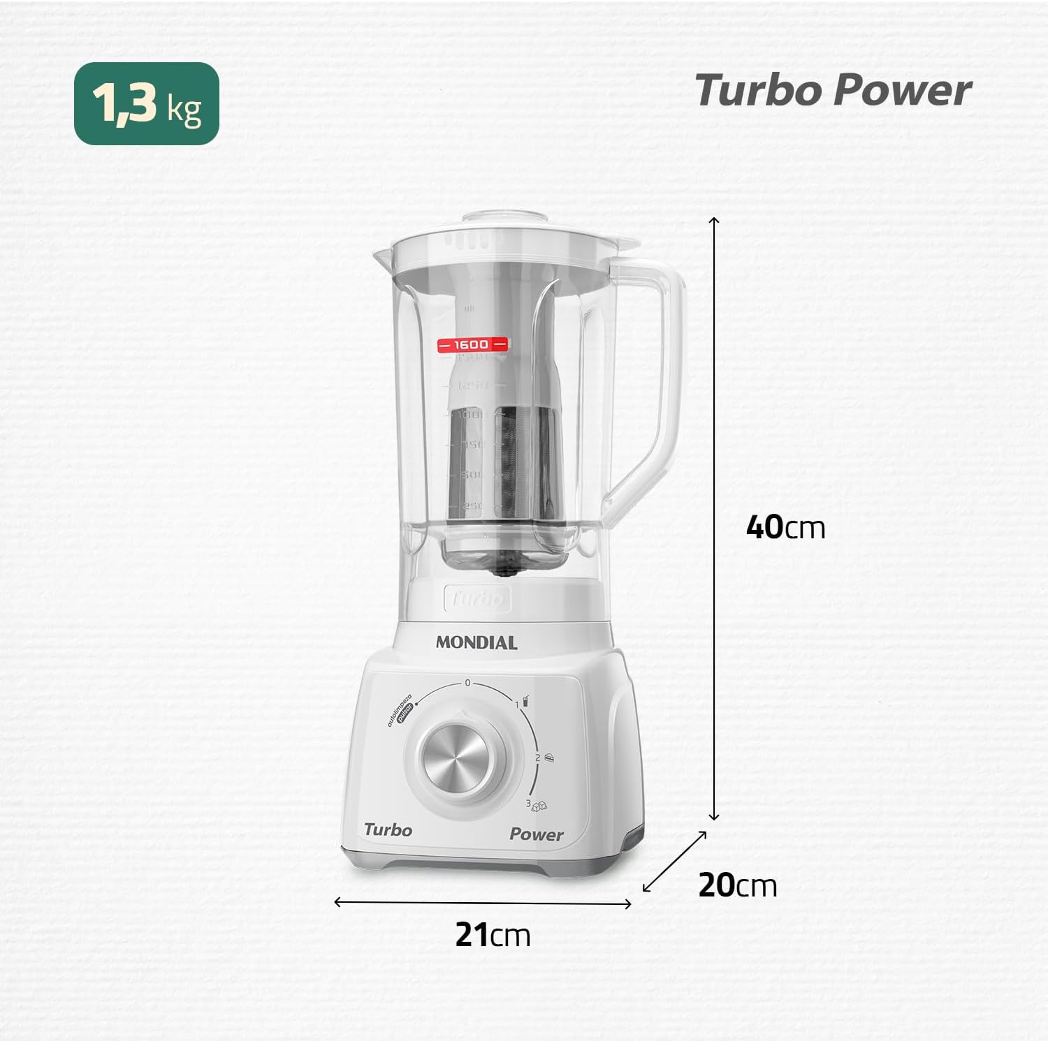 Liquidificador Mondial, Turbo Power - Branco 550W, 2,2 L - L-99 FB