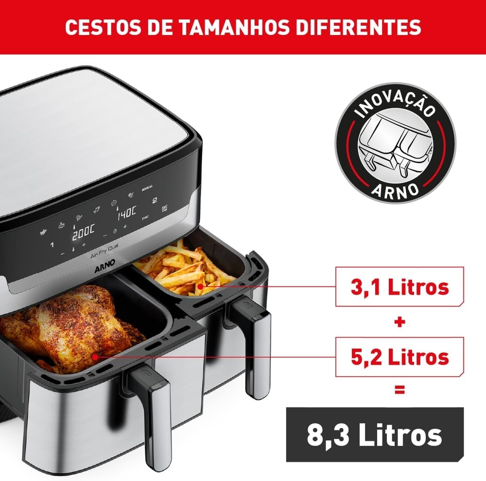 Fritadeira Sem Óleo Air Fryer Arno Dual 8,3L AFD2, Cestos Duplos Independentes, Função SYNC, Painel Digital, Inox, 1800W