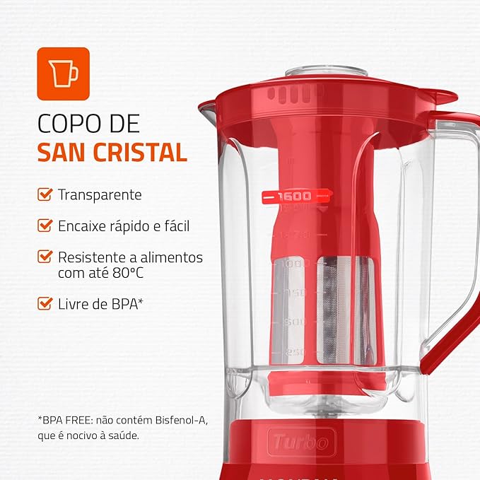 Liquidificador Mondial, Turbo Power - Vermelho 550W, Preto, 2,2 L - L-99 FB