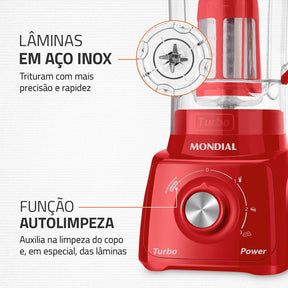 Liquidificador Mondial, Turbo Power - Vermelho 550W, Preto, 2,2 L - L-99 FB