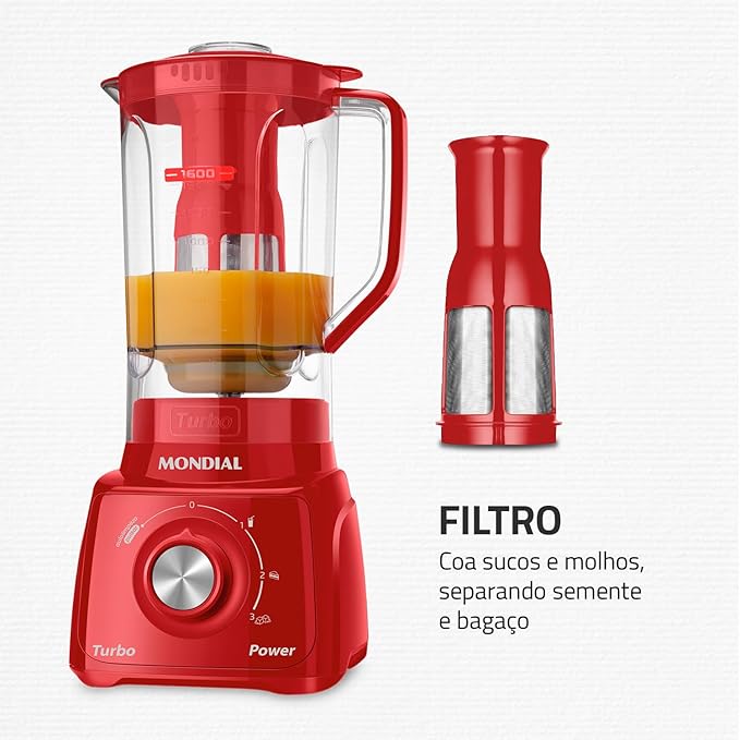 Liquidificador Mondial, Turbo Power - Vermelho 550W, Preto, 2,2 L - L-99 FB