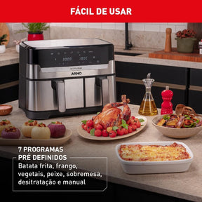 Fritadeira Sem Óleo Air Fryer Arno Dual 8,3L AFD2, Cestos Duplos Independentes, Função SYNC, Painel Digital, Inox, 1800W