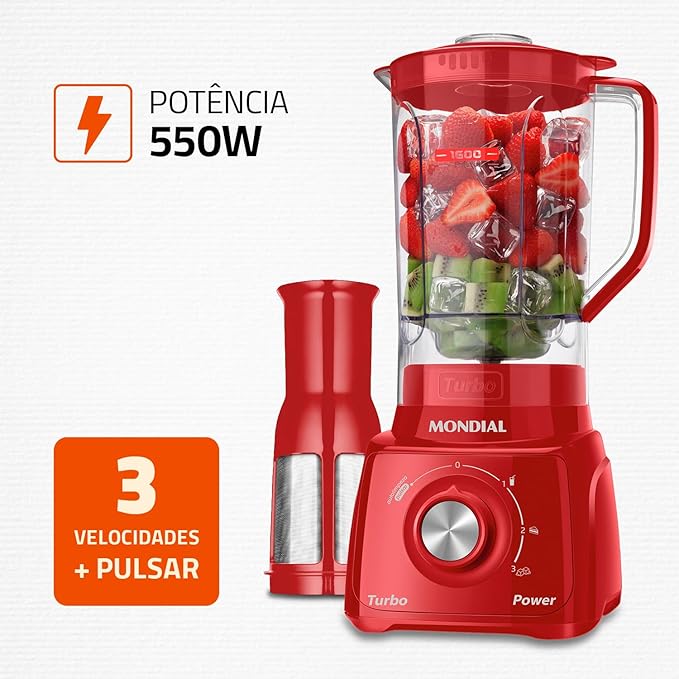 Liquidificador Mondial, Turbo Power - Vermelho 550W, Preto, 2,2 L - L-99 FB