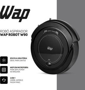 WAP Aspirador de Pó Robô ROBOT W90 3 em 1, Automático, 250ml, Sistema Antiqueda e Rodas Emborrachadas, 30W 3,6VDC Bivolt