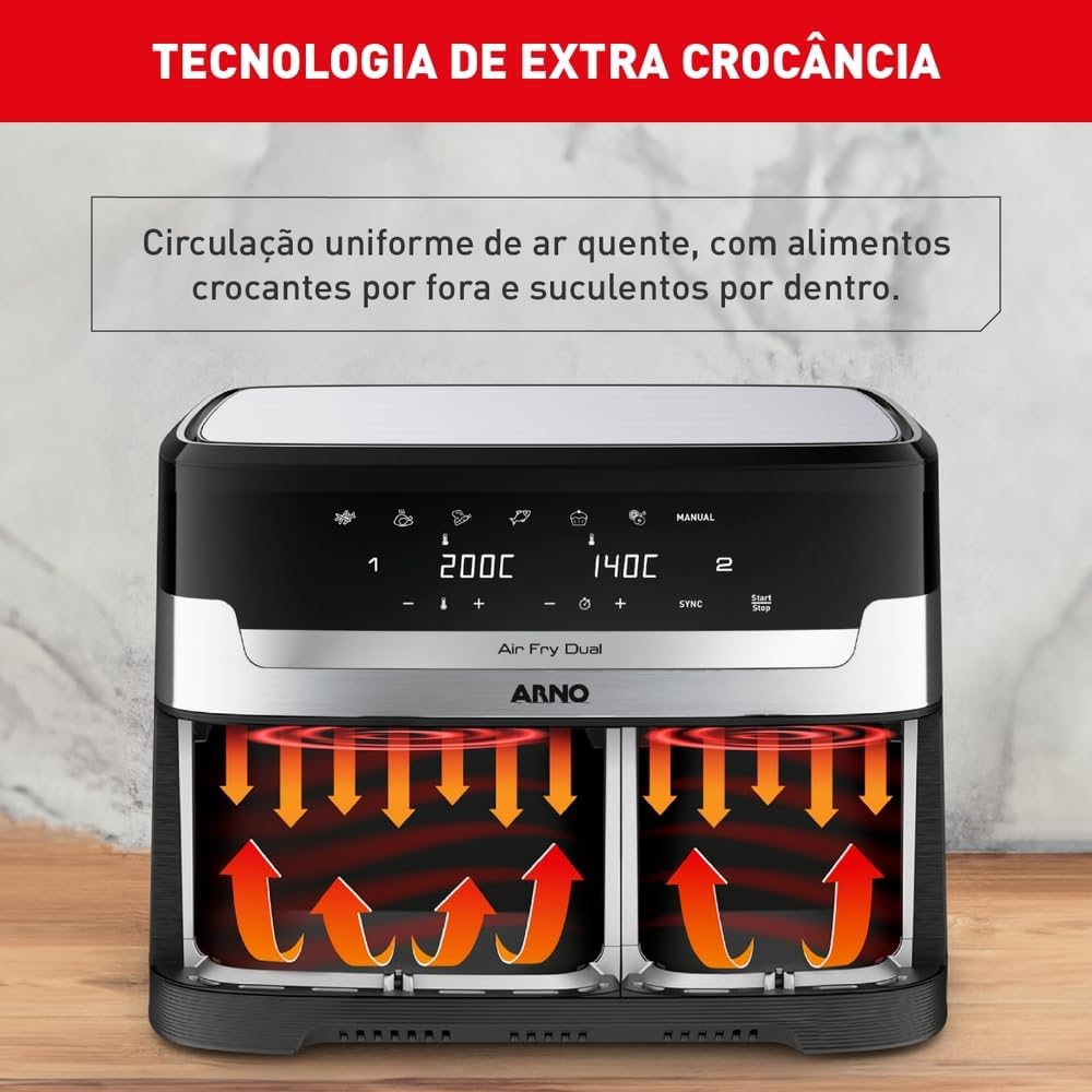 Fritadeira Sem Óleo Air Fryer Arno Dual 8,3L AFD2, Cestos Duplos Independentes, Função SYNC, Painel Digital, Inox, 1800W