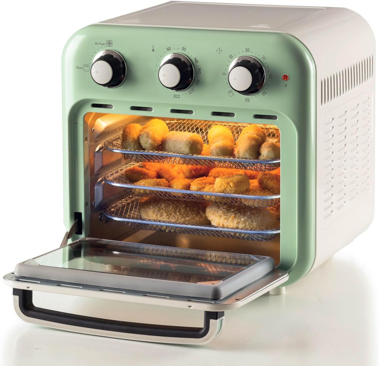 Ariete 4632, Fritadeira 2 em 1, Air Fryer e Forno Elétrico Vintage Verde, Capacidade de 16 Litros, 1400 Wats, Porta Transparente