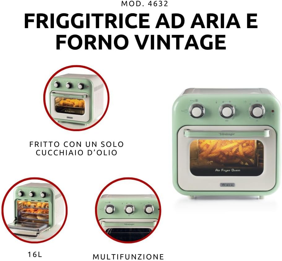 Ariete 4632, Fritadeira 2 em 1, Air Fryer e Forno Elétrico Vintage Verde, Capacidade de 16 Litros, 1400 Wats, Porta Transparente