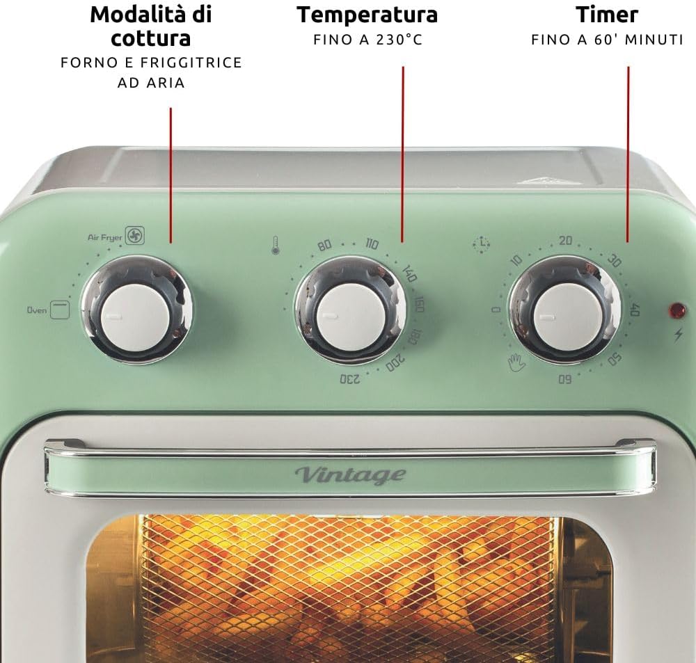 Ariete 4632, Fritadeira 2 em 1, Air Fryer e Forno Elétrico Vintage Verde, Capacidade de 16 Litros, 1400 Wats, Porta Transparente