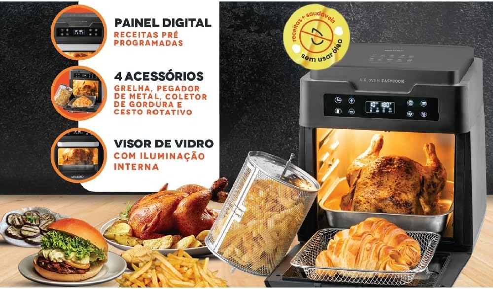 Fritadeira Air Oven Easycook Mallory 1500W Com12 Litros, Painel de LED, Visor de Vidro e Luz Interna, Multi função