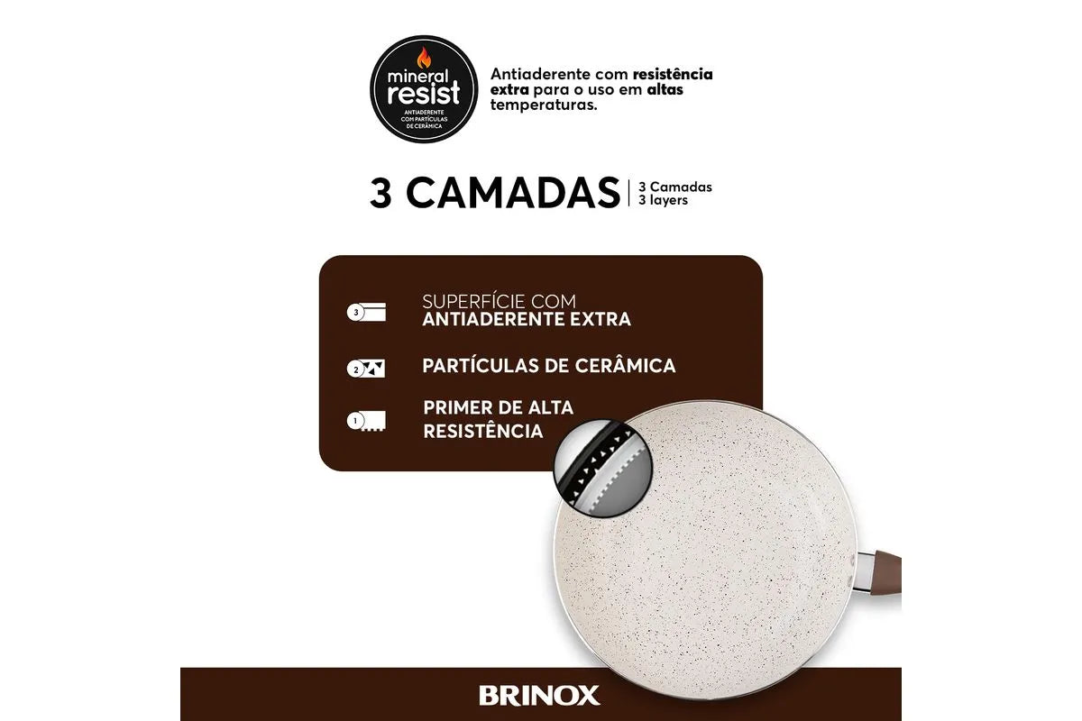 Conjunto de Panelas Brinox 6 Peças Ceramic Life Smart Plus com Revestimento Antiaderente Cerâmico e Tampa de Vidro com Saída de Vapor 2.5 mm - Vanilla