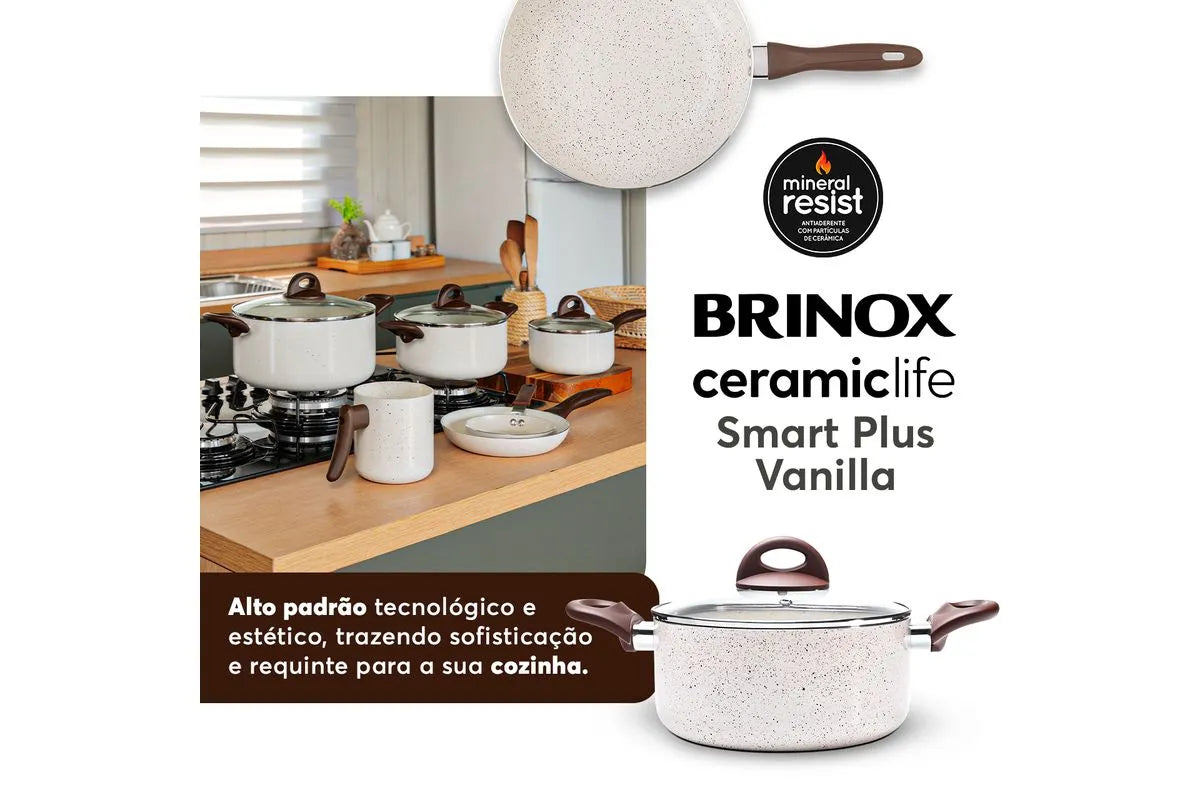 Conjunto de Panelas Brinox 6 Peças Ceramic Life Smart Plus com Revestimento Antiaderente Cerâmico e Tampa de Vidro com Saída de Vapor 2.5 mm - Vanilla