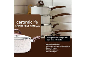 Conjunto de Panelas Brinox 6 Peças Ceramic Life Smart Plus com Revestimento Antiaderente Cerâmico e Tampa de Vidro com Saída de Vapor 2.5 mm - Vanilla