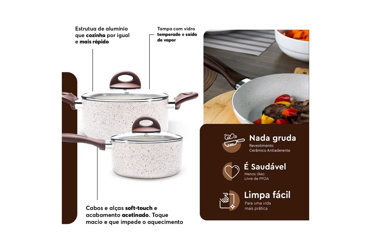 Conjunto de Panelas Brinox 6 Peças Ceramic Life Smart Plus com Revestimento Antiaderente Cerâmico e Tampa de Vidro com Saída de Vapor 2.5 mm - Vanilla